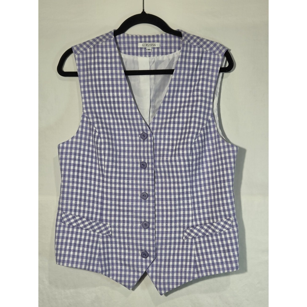 Lorianna Gingham Vest Womens 12 Purple White‎ Button Up Tailored Coastal Cowgirl